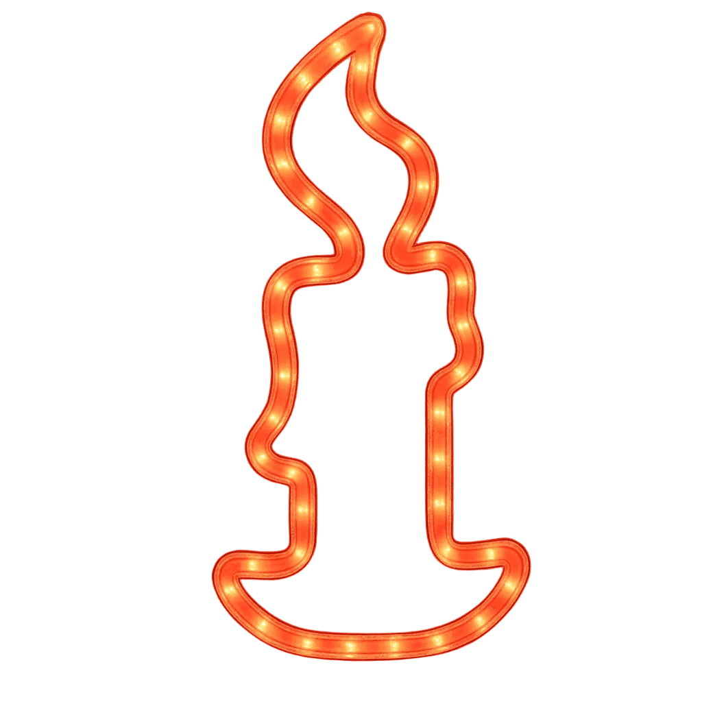 An illuminated orange LED outline of a candle with a flame, featuring a smooth finish and glowing lights.