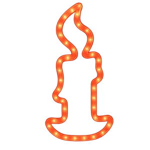 An illuminated orange LED outline of a candle with a flame, featuring a smooth finish and glowing lights.