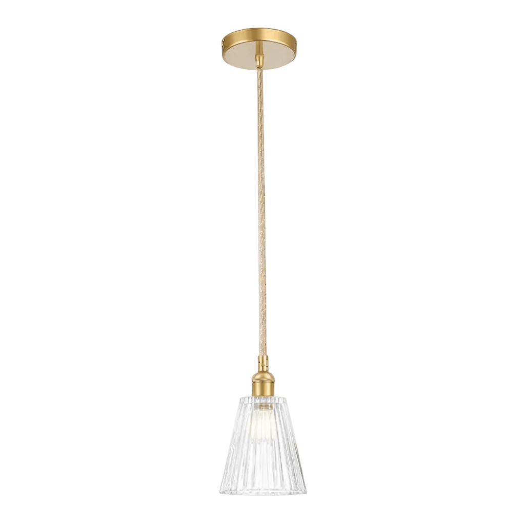 Gold-finished pendant light with twisted cord and clear cut glass bell shade