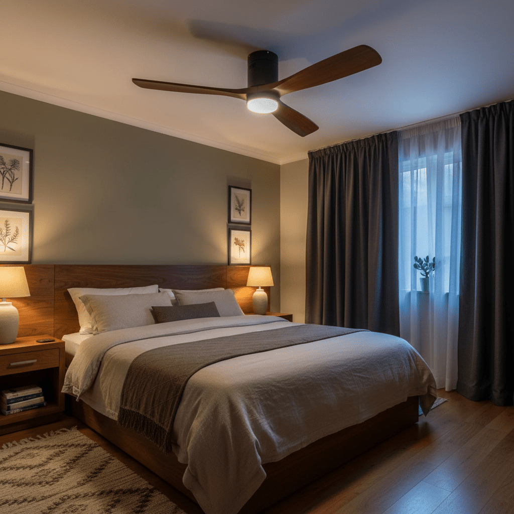 White 48 inch ceiling fan with LED light for Cape Town bedrooms and lounges, realistic modern interior, quiet airflow and warm LED lighting, 800x800 composition
