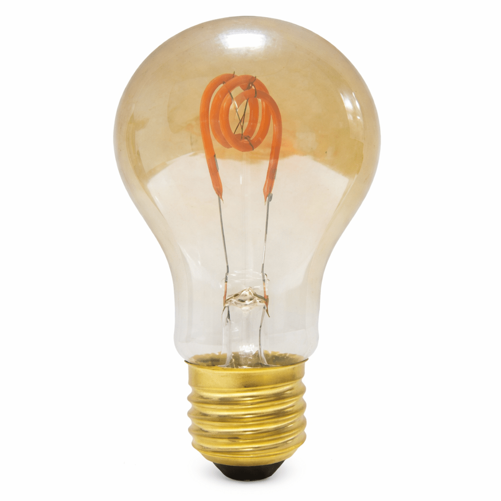 Vintage-style light bulb with a clear glass cover and visible filament on a white background