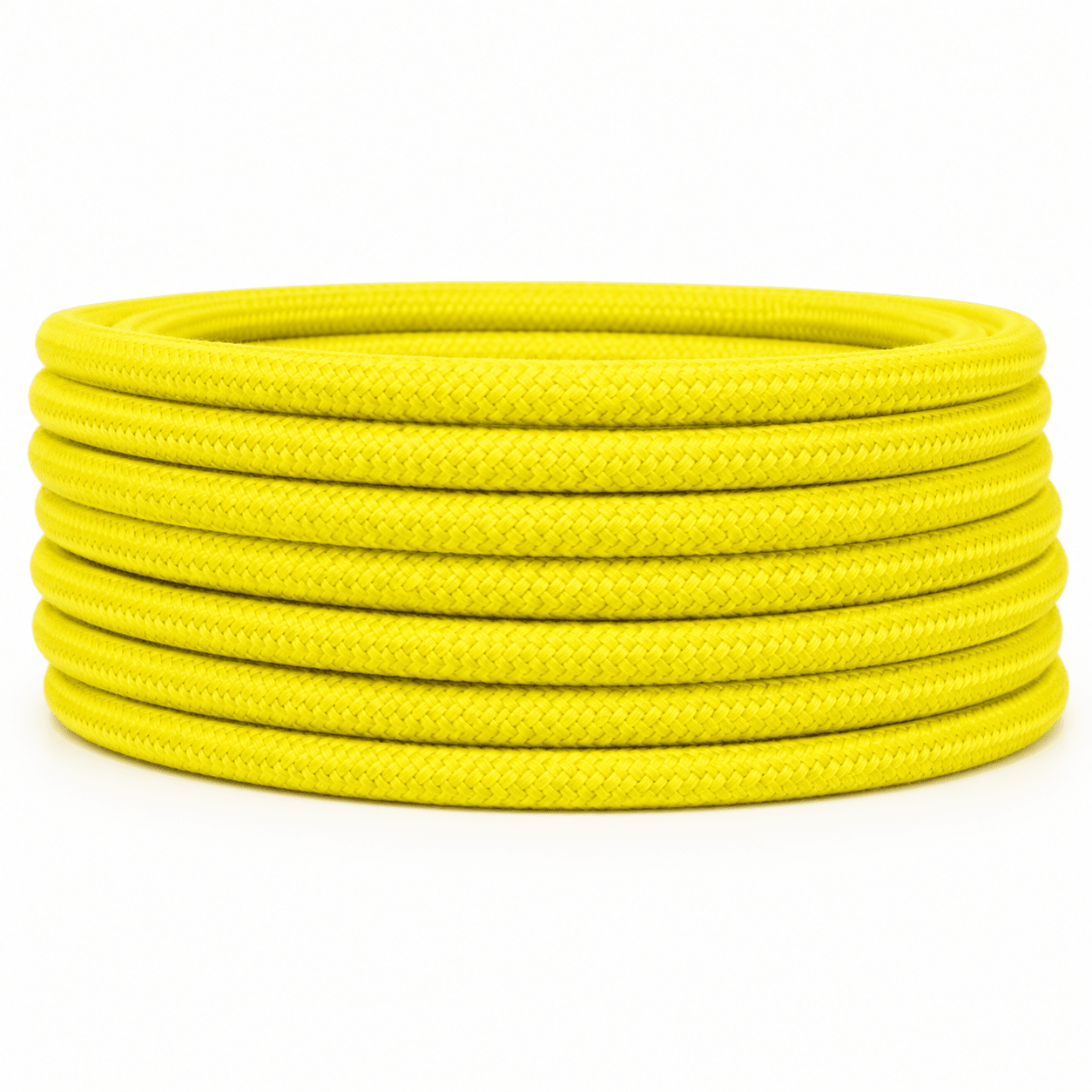 Coiled 10m yellow 2-core fabric cable, showcasing a vibrant and flexible design for decorative lighting.