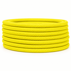 Coiled 10m yellow 2-core fabric cable, showcasing a vibrant and flexible design for decorative lighting.