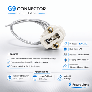 G9 connector lamp holder with a white body and silver wire, showcasing features and applications.