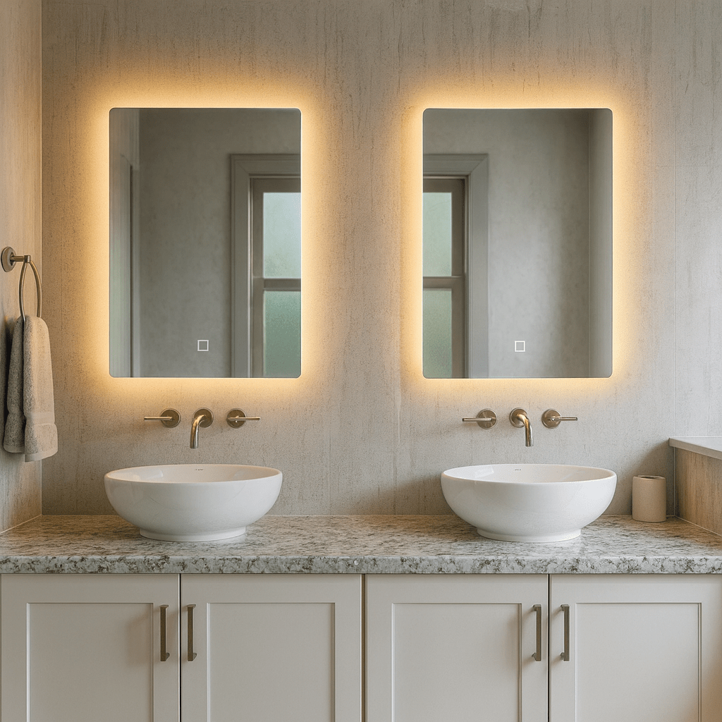 Backlit LED bathroom mirror with soft halo glow on a tiled wall in a South African guest bathroom, modern vanity, warm ambient light, no text, no logos.