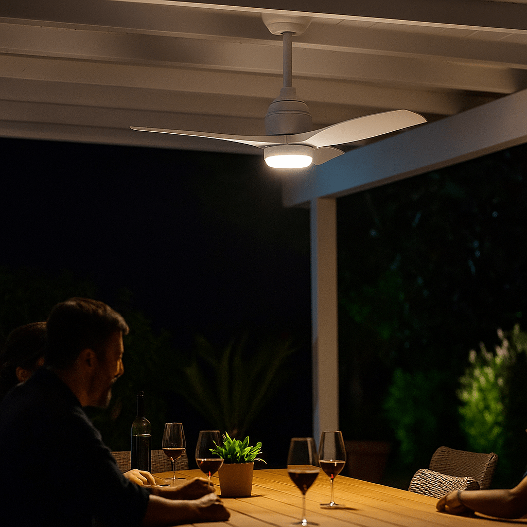 SA interior example of energy efficient outdoor ceiling fan SA — Smart automation with sensors and solar