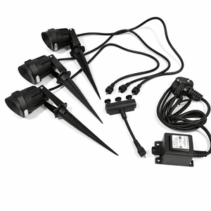 Set of black outdoor lighting fixtures with wiring on a white background