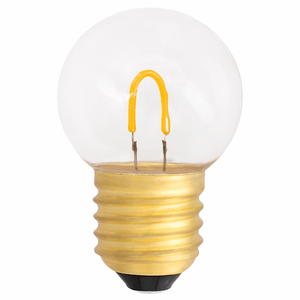 1W amber LED filament golf ball bulb with a clear glass cover and gold base.