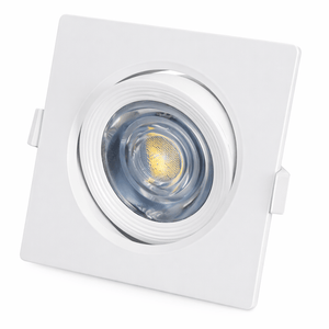 Square recessed LED downlight with a sleek design, featuring a circular lens and white finish.