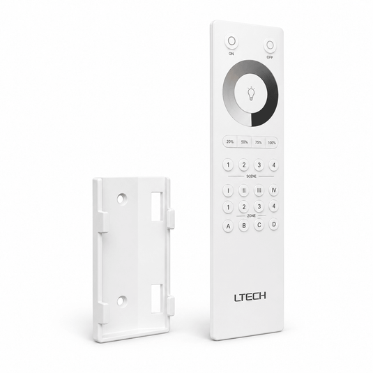 Q-series multi-zone RF remote controller for LED strip lights, featuring buttons for dimming and scene selection.