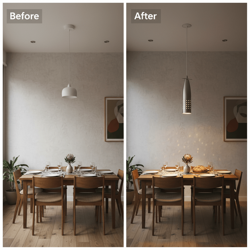 Before and after comparison of a dining area with different pendant lights, showcasing a modern upgrade.