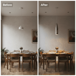 Before and after comparison of a dining area with different pendant lights, showcasing a modern upgrade.