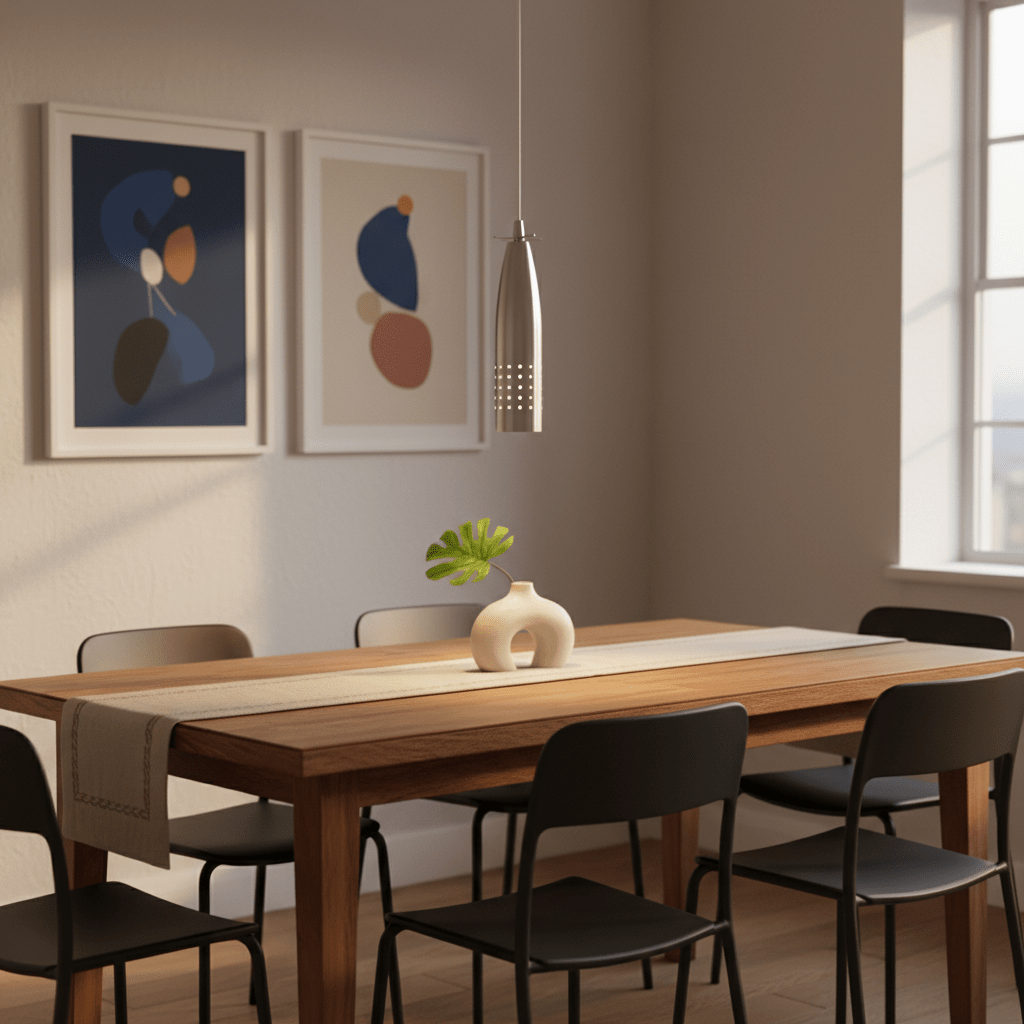 Stylish pendant light hanging above a wooden dining table with black chairs and decorative vase.