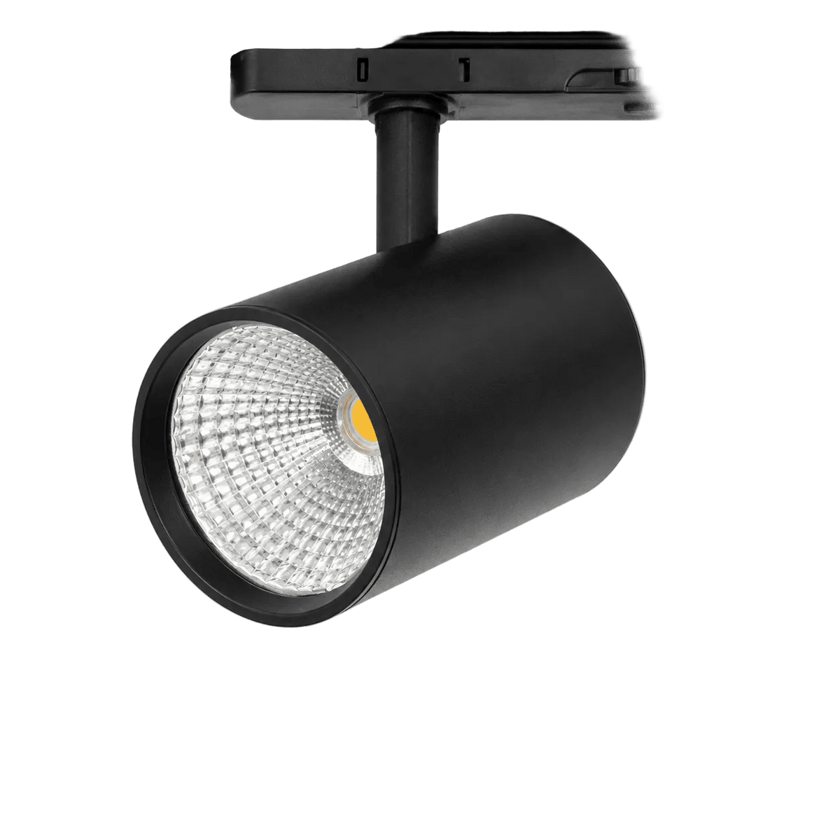 Black cylindrical LED track spot light with a textured lens, mounted on a black track connector.