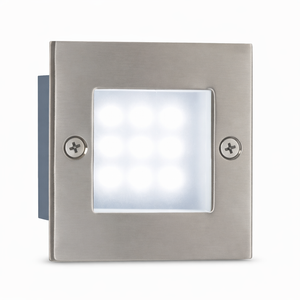 Square metallic outdoor foot light fixture on a white background