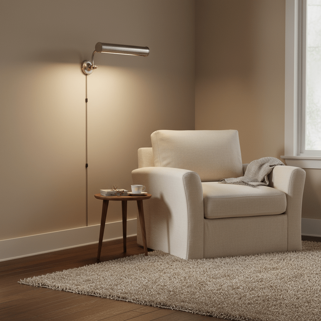 Antique silver wall lamp illuminating a cozy reading nook with a chair and side table.