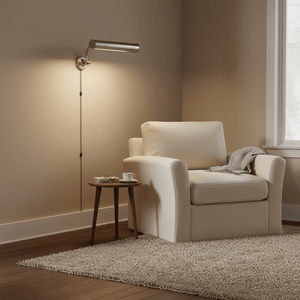 Antique silver wall lamp illuminating a cozy reading nook with a chair and side table.