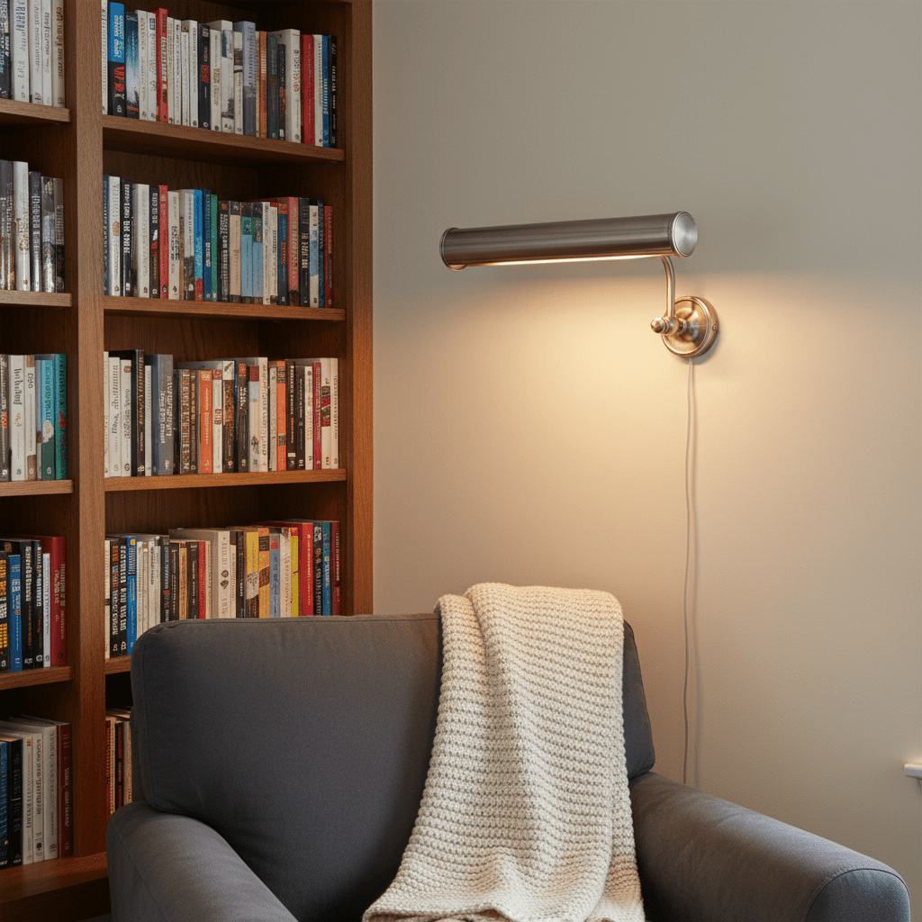 Antique silver wall lamp illuminating a cozy reading nook with a bookshelf and a grey couch.