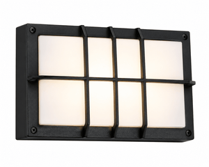 Black outdoor wall light with a die-cast aluminium frame and white polycarbonate cover, featuring a grid design.