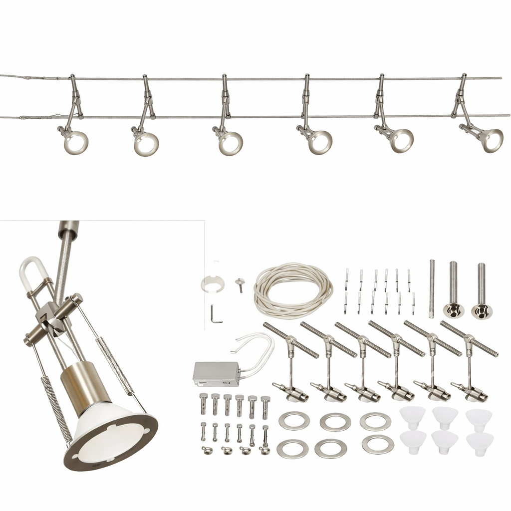 Light fixture assembly kit with various components on a white background