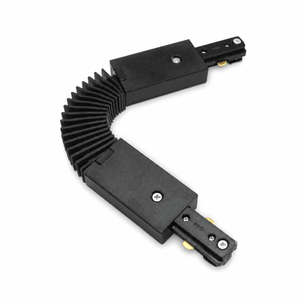 Black 3-Wire Track Flexi Connector with a curved design for versatile indoor lighting setups.