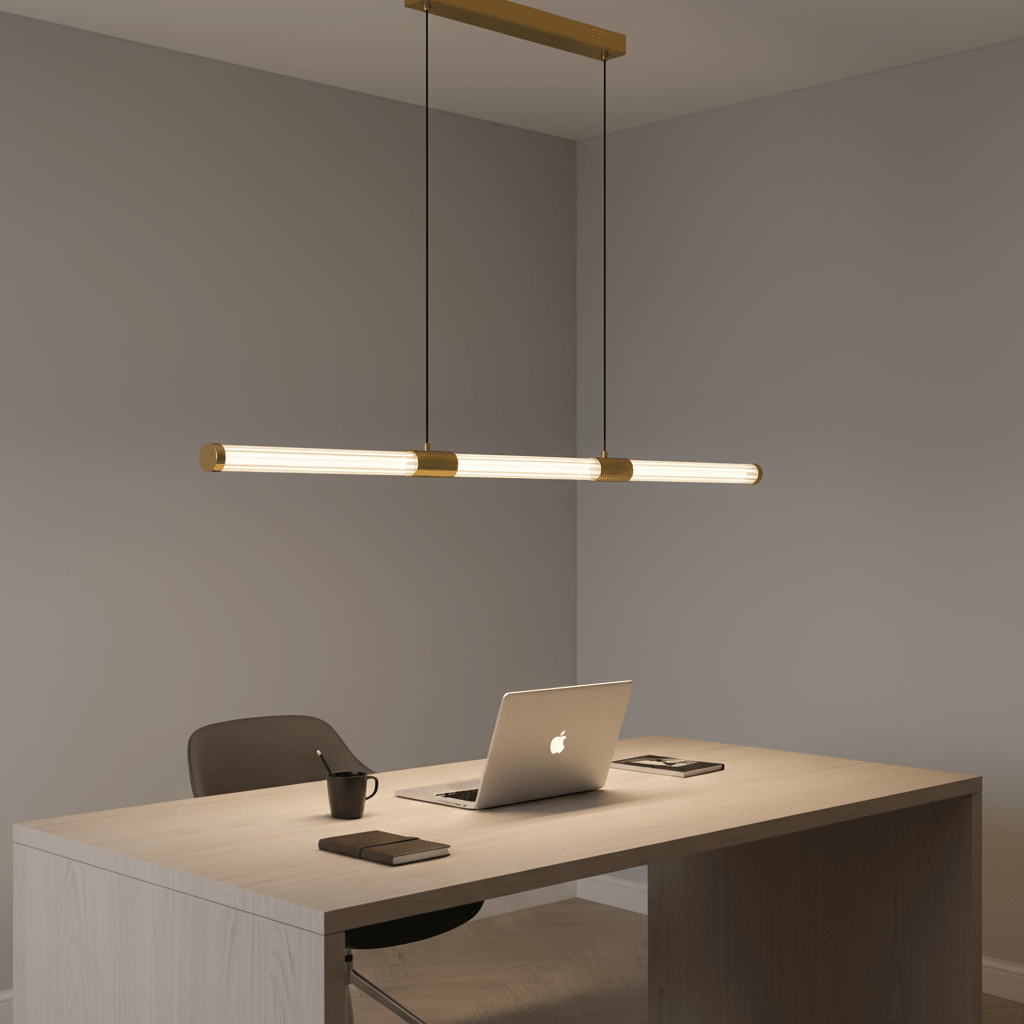 Buy pendant lights in Cape Town, realistic Future Light style showroom scene with modern pendant lighting for kitchens and dining rooms, warm LED lighting, 800x800 composition with charcoal and brass accents