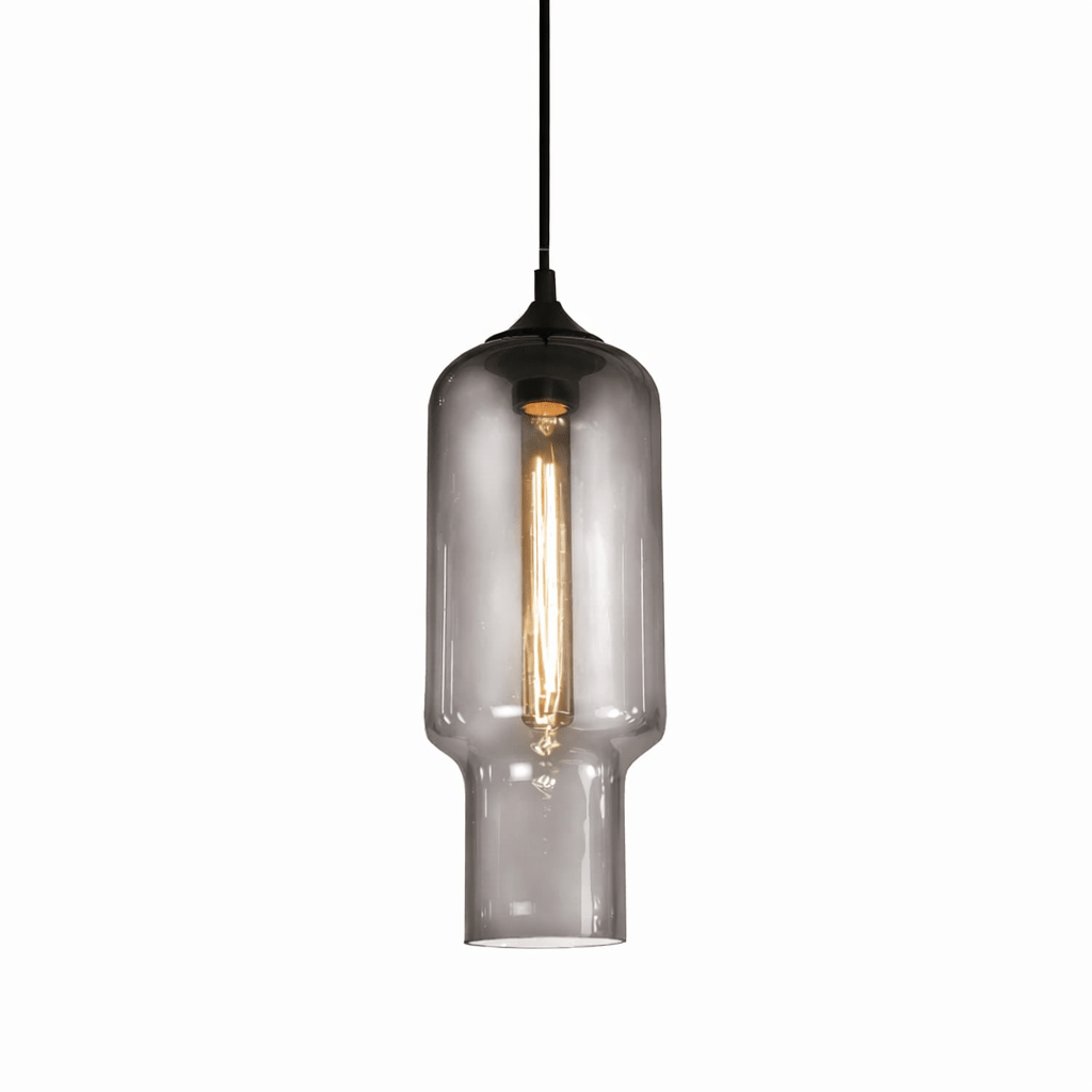Smoked glass pendant light with a visible bulb on a white background