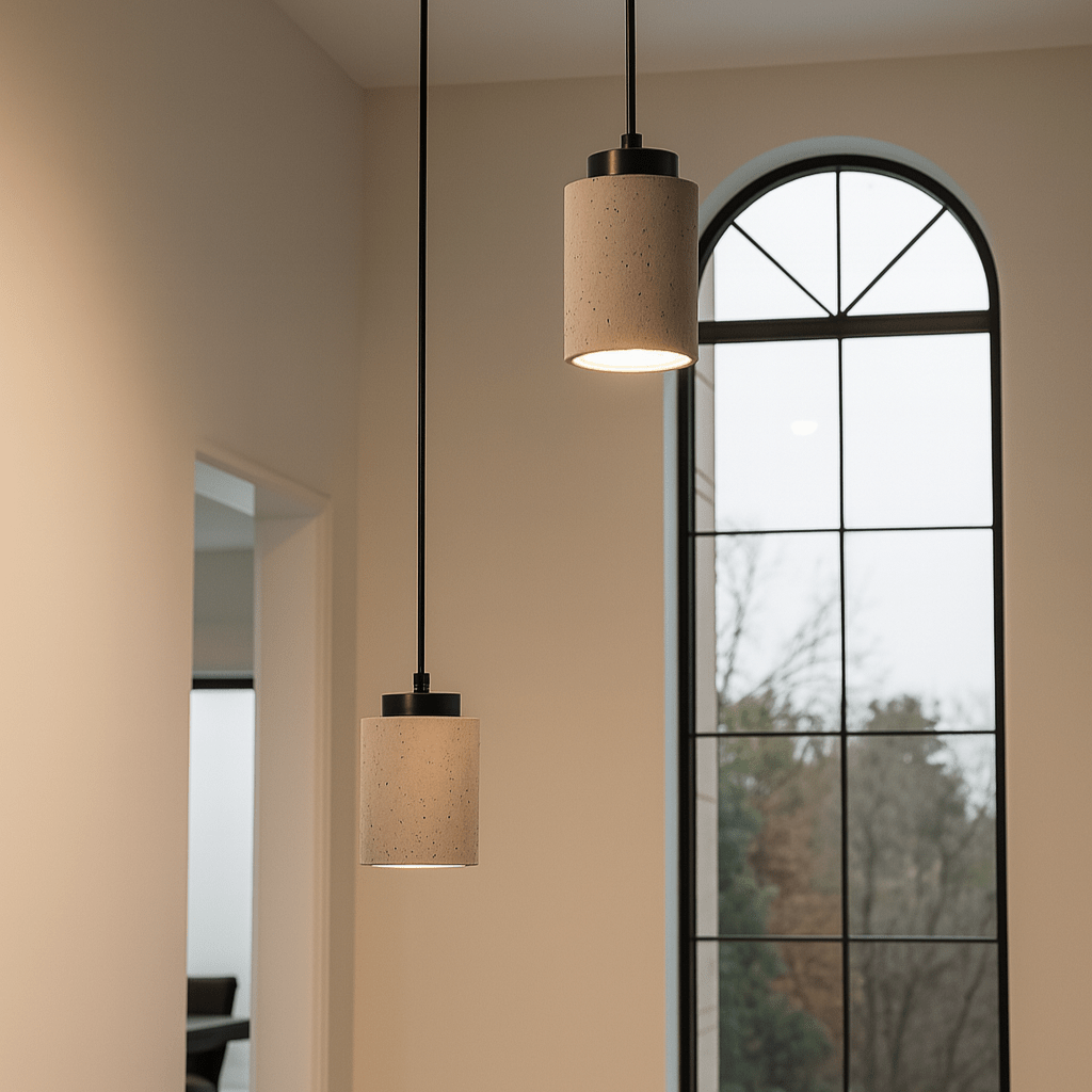 Two pendant lights hanging from the ceiling in a room with a large window.