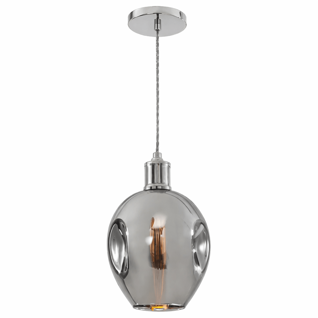 Pendant light with smoked glass shade and chrome finish on a white background