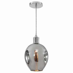 Pendant light with smoked glass shade and chrome finish on a white background