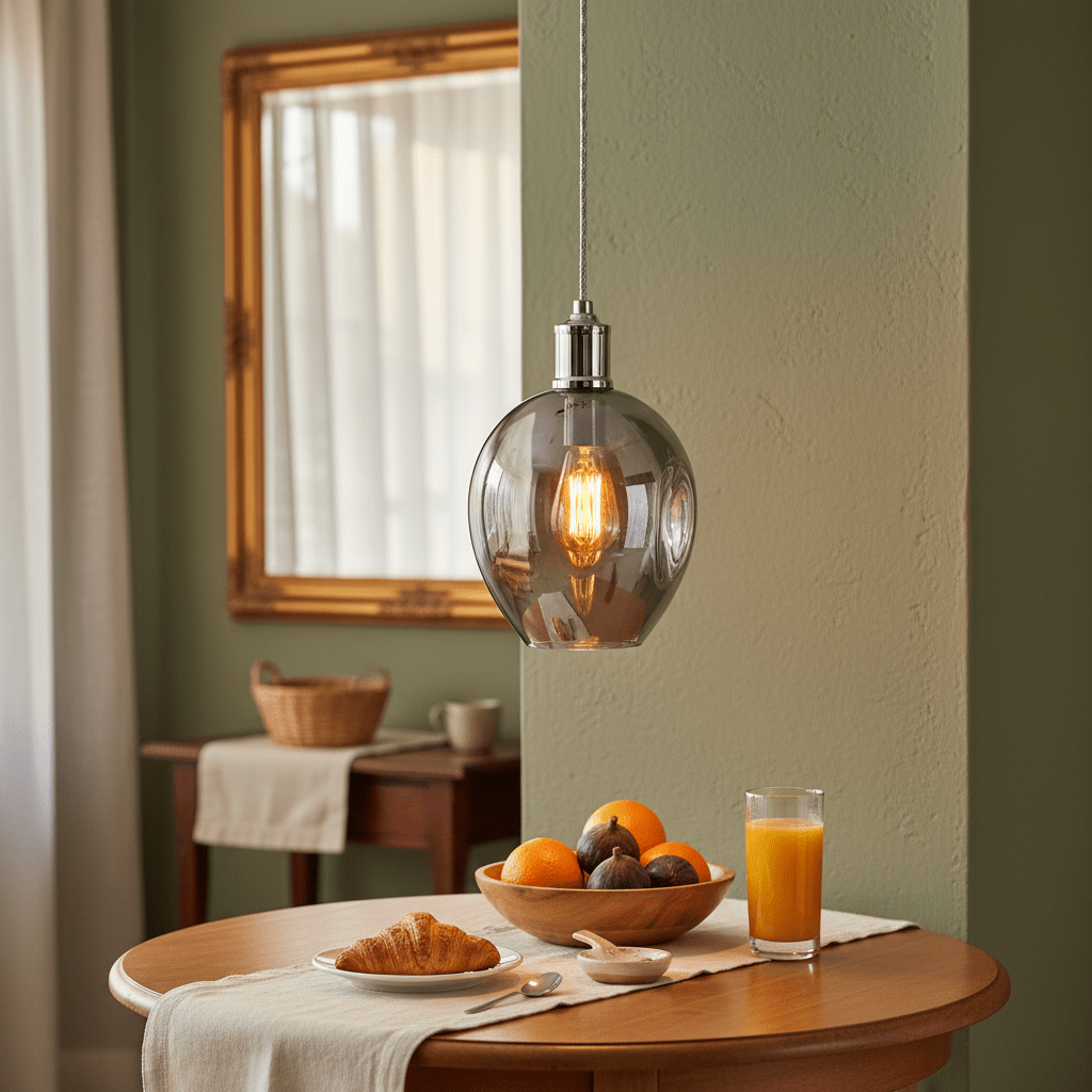 Polished chrome pendant light with glass shade hanging above a wooden table set with breakfast items.