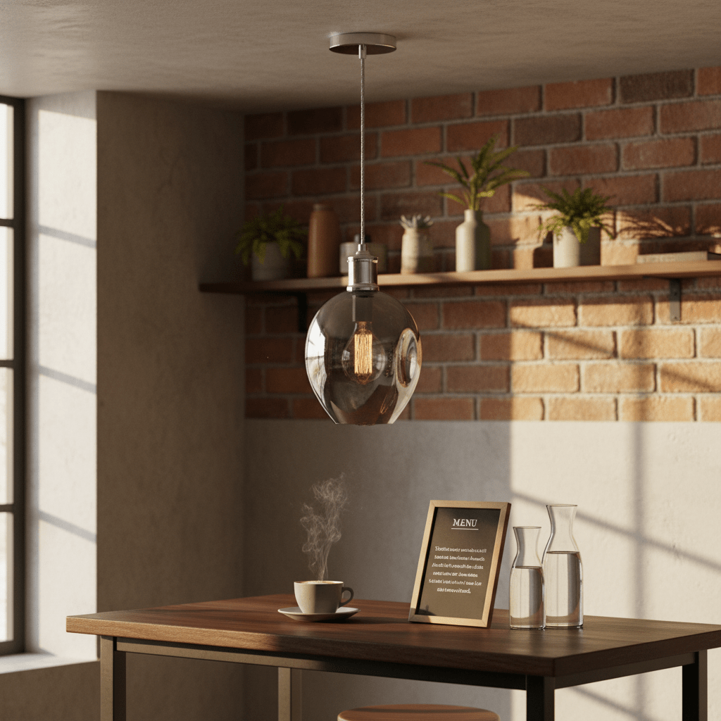 Polished chrome pendant light with glass shade hanging above a wooden table with a coffee cup and decor.