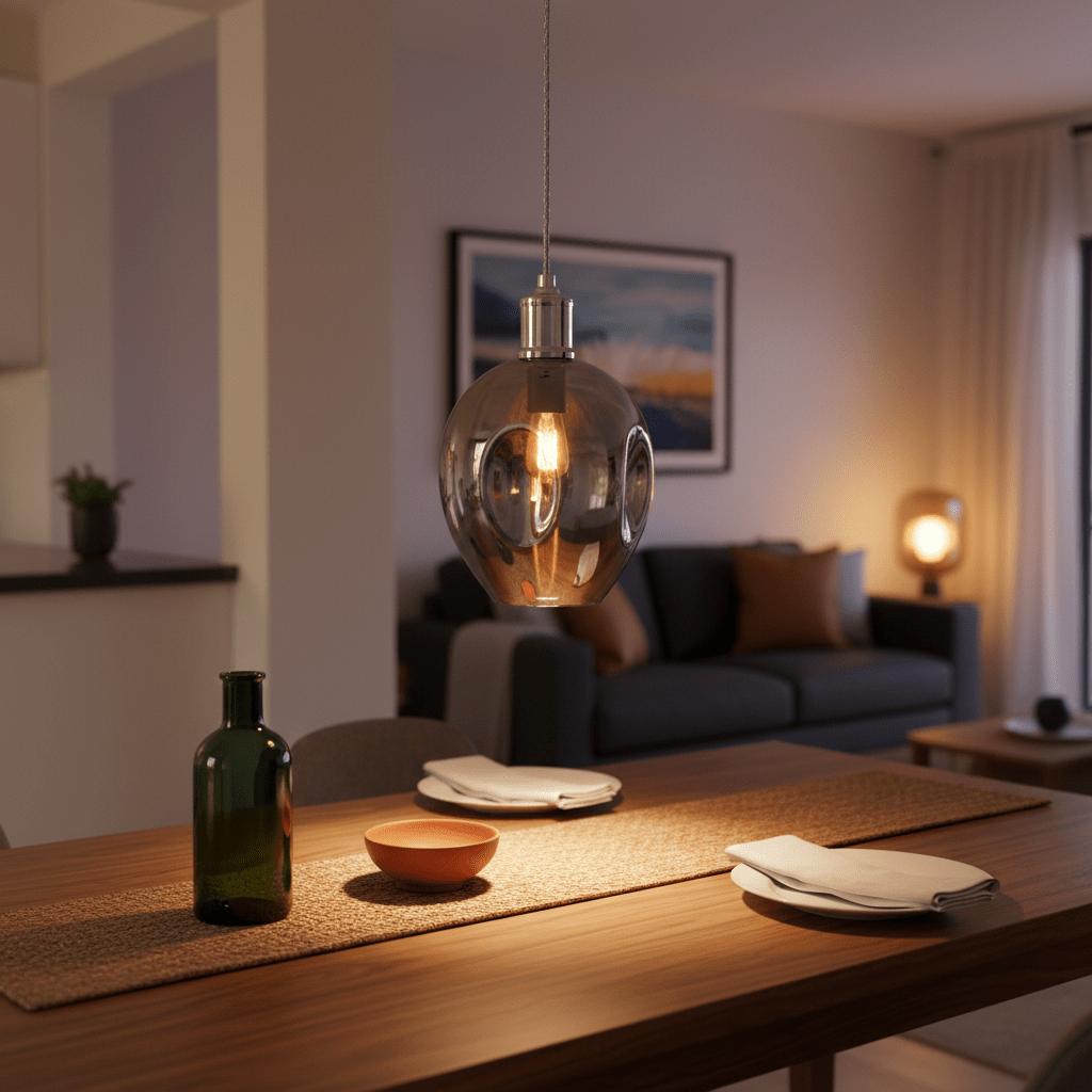 Polished chrome pendant light hanging above a dining table set with plates and a bowl, creating a warm ambiance.