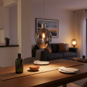 Polished chrome pendant light hanging above a dining table set with plates and a bowl, creating a warm ambiance.