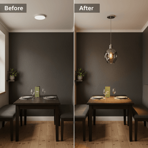 Before and after comparison of a dining area with a polished chrome pendant light, showcasing improved ambiance.