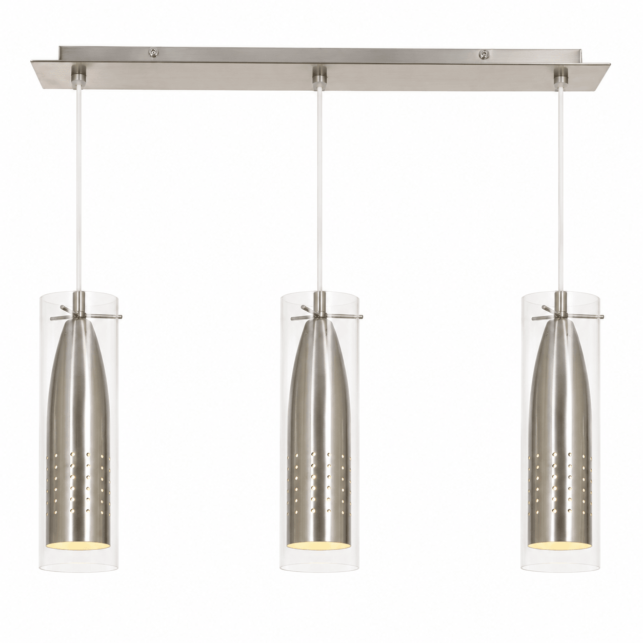 Modern pendant light fixture with three cylindrical glass shades on a white background