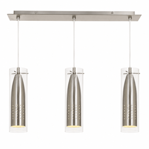 Modern pendant light fixture with three cylindrical glass shades on a white background