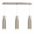Modern pendant light fixture with three cylindrical glass shades on a white background
