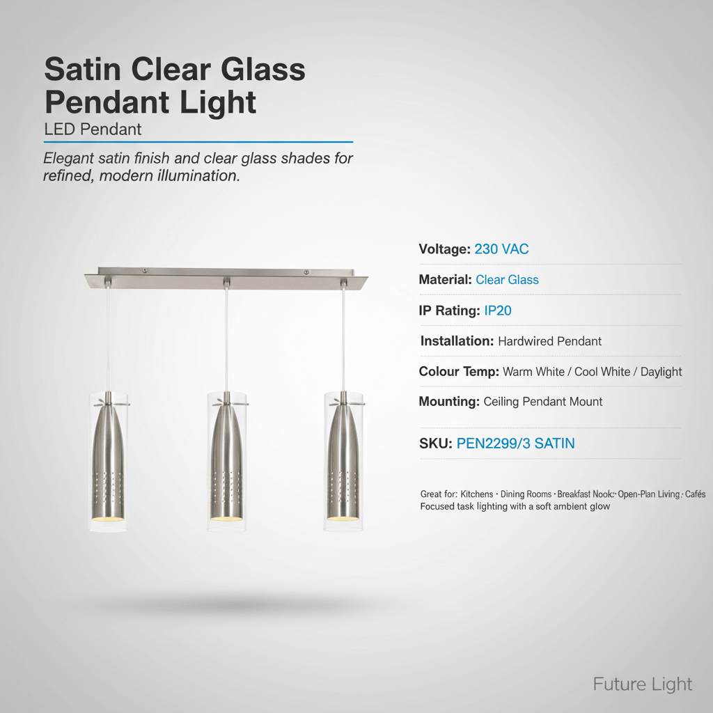 Satin chrome pendant light with clear glass shades, shown with specifications on a white background.