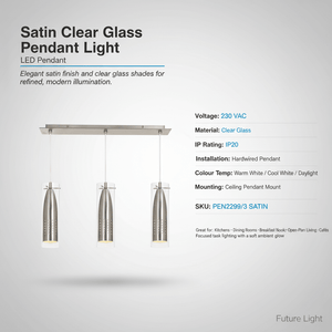 Satin chrome pendant light with clear glass shades, shown with specifications on a white background.