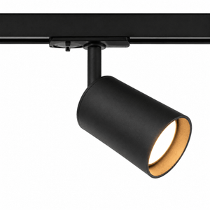 Black LED spotlight mounted on a 3-wire track, showcasing a sleek design with a warm interior.