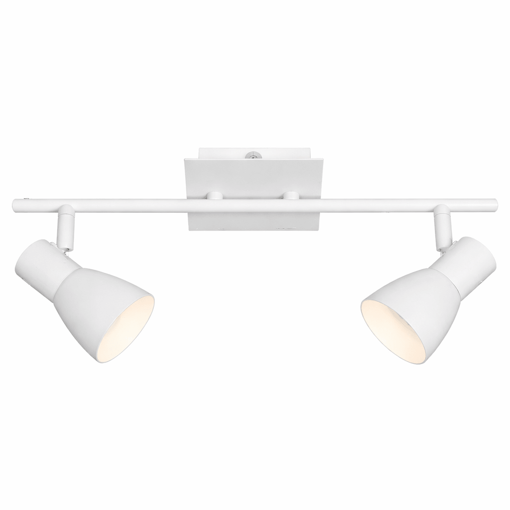 White ceiling light fixture with two spotlights on a white background