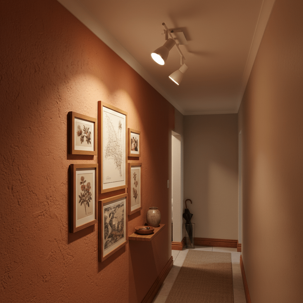 Two-head matt white spotlight illuminating framed art in a warm-toned hallway.