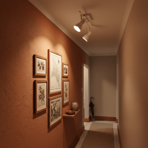 Two-head matt white spotlight illuminating framed art in a warm-toned hallway.