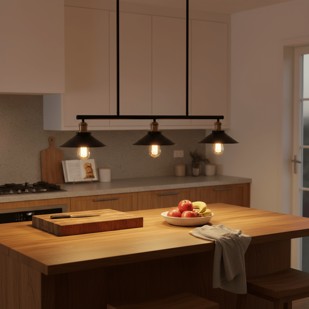 Haley Trio Black & Brass Pendant Light illuminating a kitchen island with fresh fruit and wooden accents.