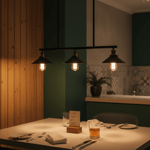 Haley Trio Black & Brass Pendant Light illuminating a dining table with wooden accents and green walls.