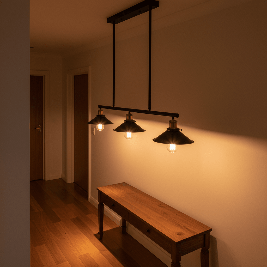 Haley Trio Black & Brass Pendant Light hanging above a wooden table in a softly lit interior.