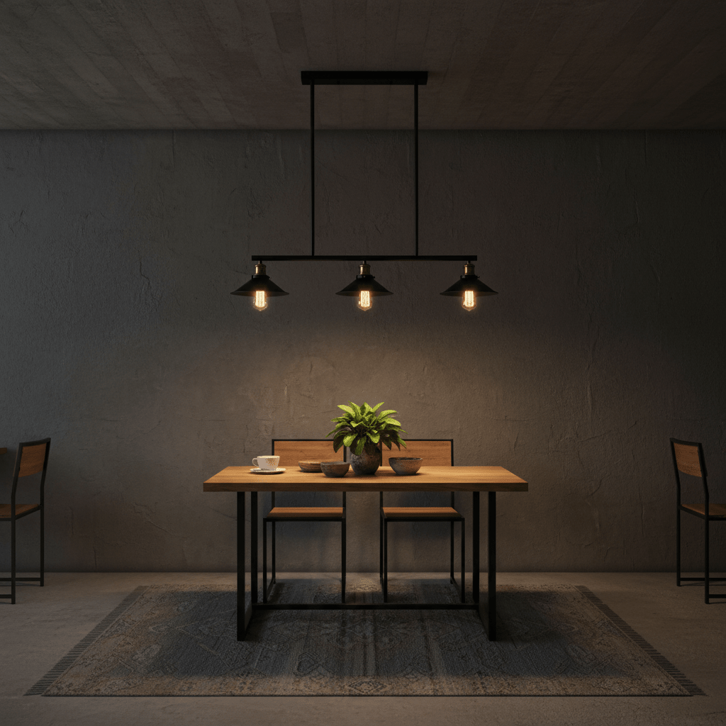 Haley Trio Black & Brass Pendant Light above a wooden dining table with plants and tableware.