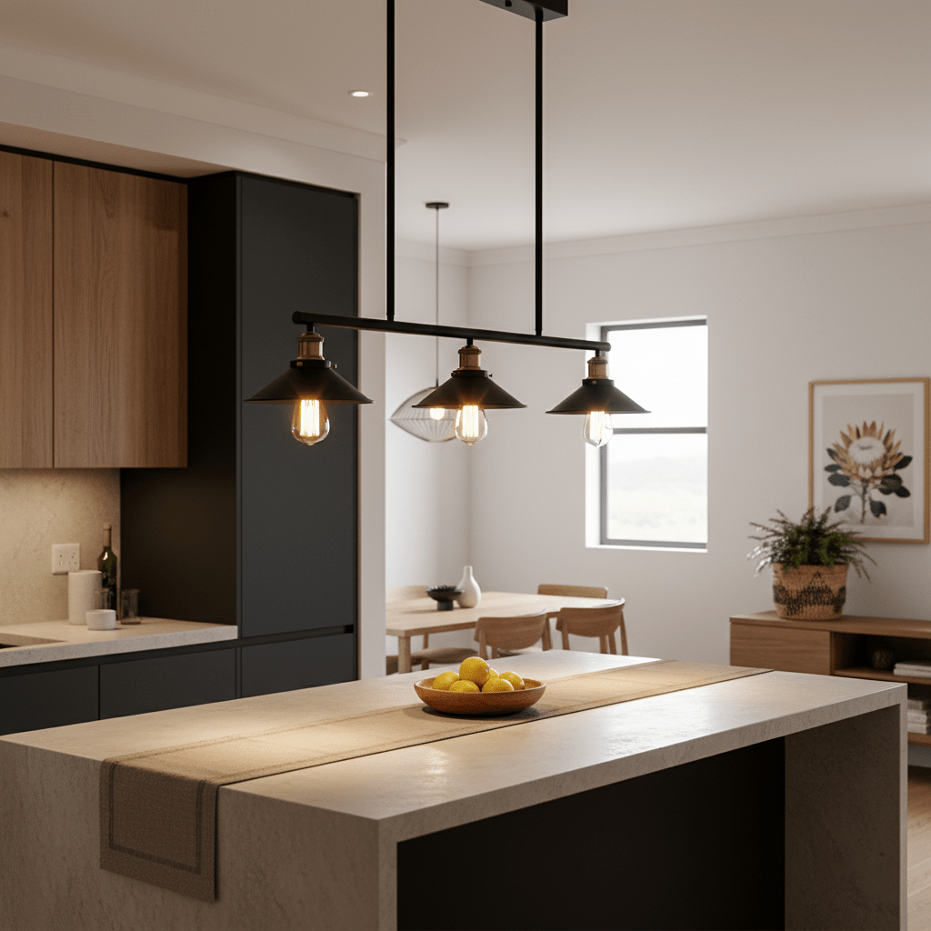 Haley Trio Black & Brass Pendant Light hanging over a kitchen island with a bowl of lemons.