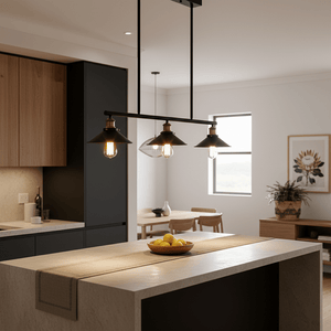 Haley Trio Black & Brass Pendant Light hanging over a kitchen island with a bowl of lemons.